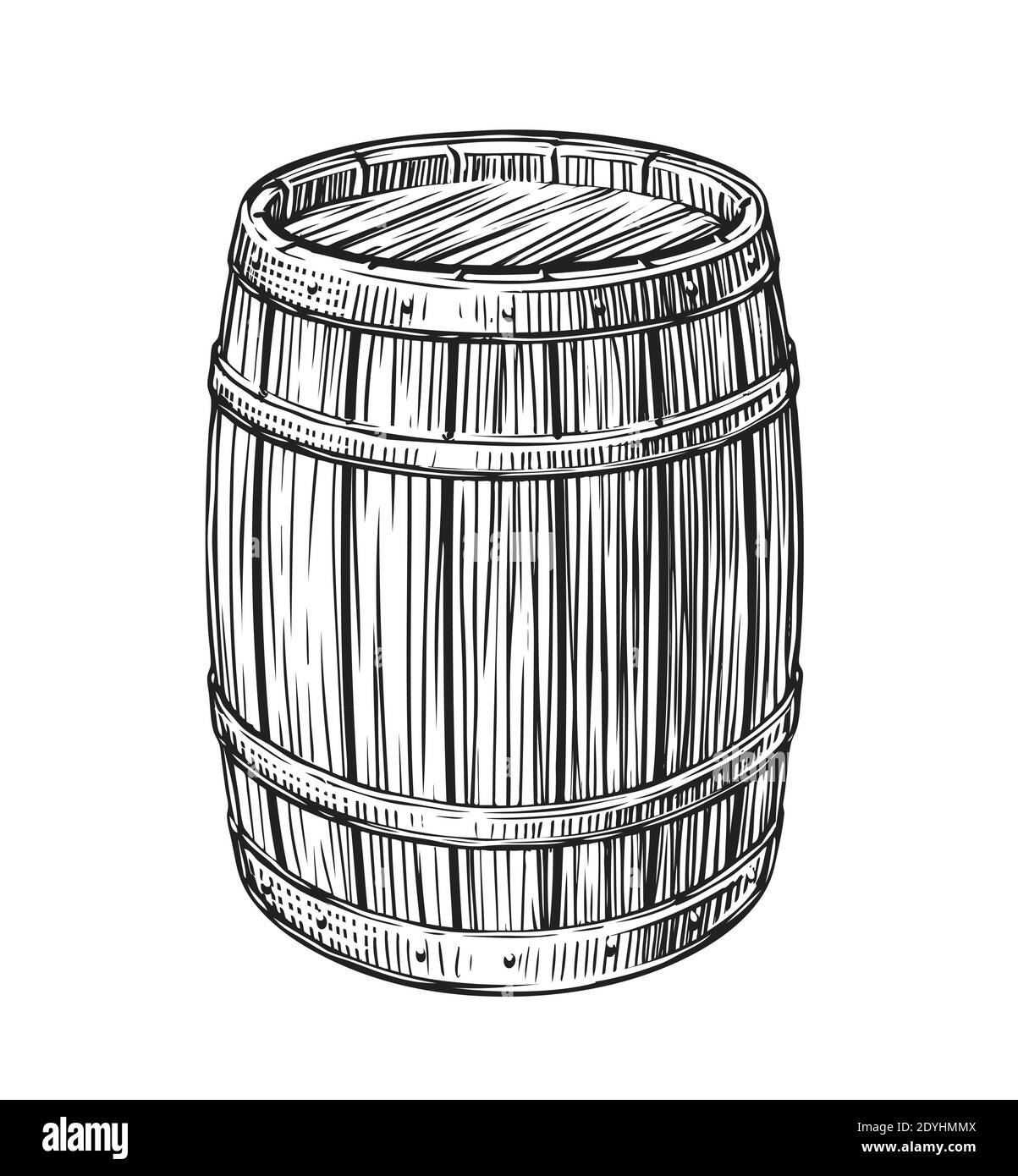 Wooden barrel sketch vintage. Cask for wine and other alcoholic beverage Stock Vector