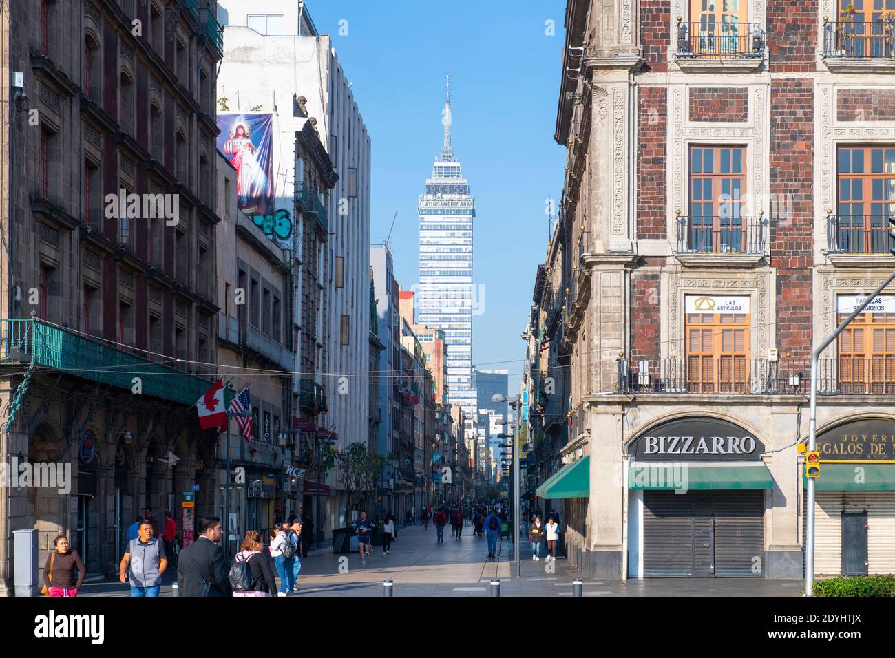 Historic buildings on Avenida Francisco Madero and Torre Latinoamericana next to Zocalo Constitution Square, Mexico City CDMX, Mexico. Stock Photo