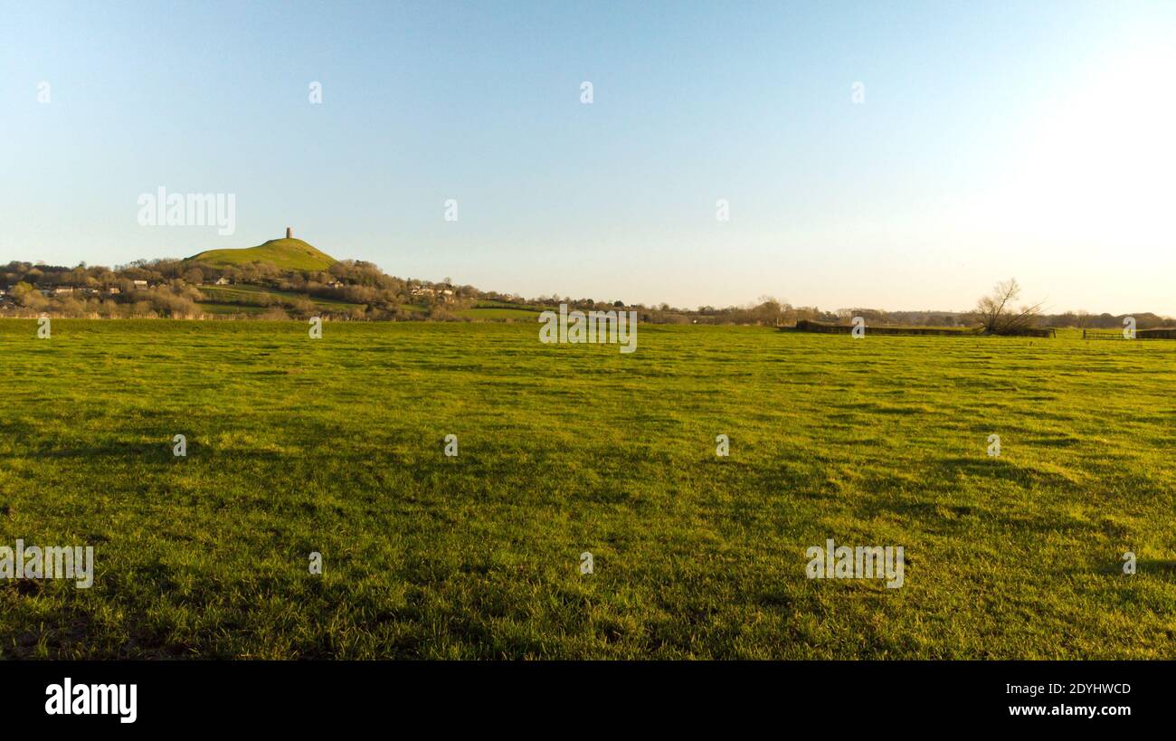 Early morning view of Glastonbury Tor in a Somerset field at golden hour. Stock Photo