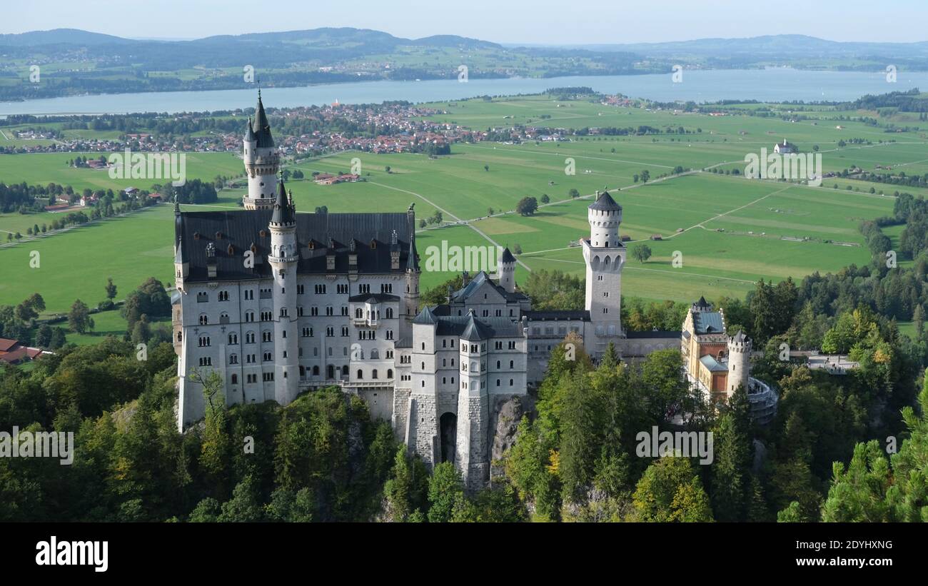 An aerial shot of the beautiful Neuschwanstein Castle captured in ...