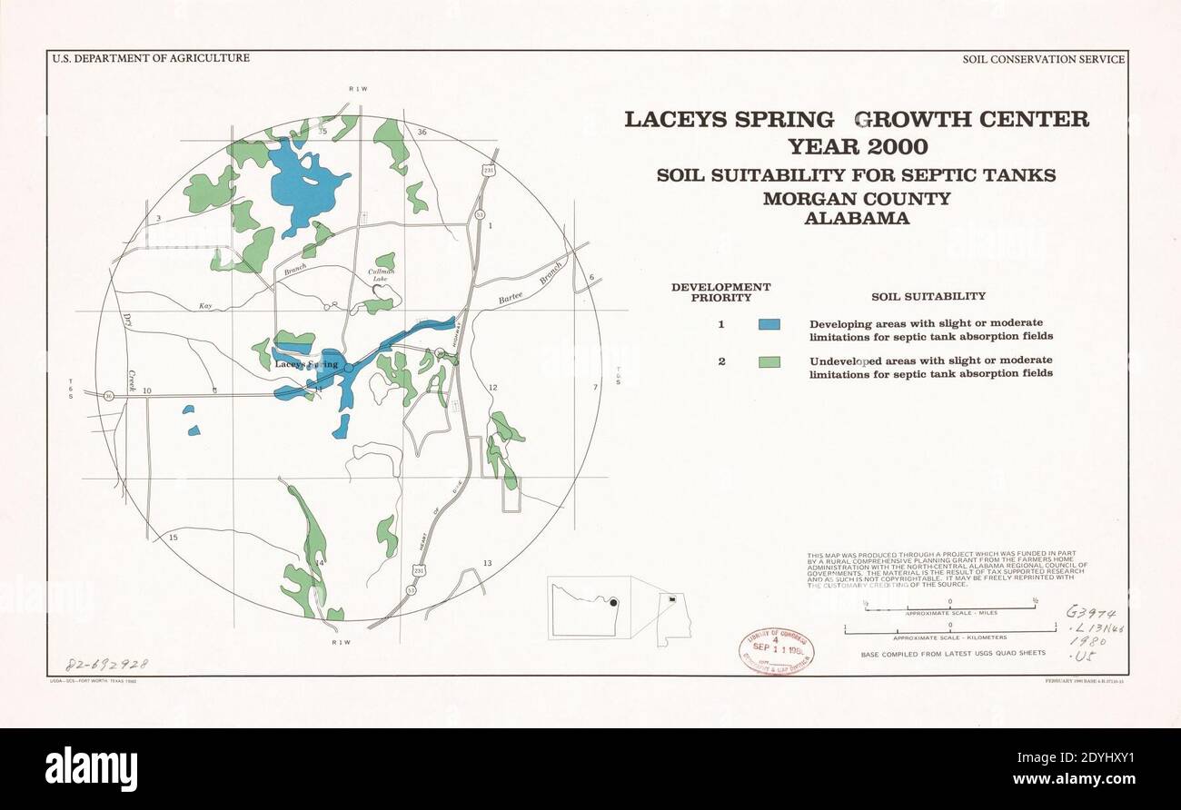 Laceys Spring growth center, year 2000, soil suitability for septic tanks, Morgan County, Alabama Stock Photo