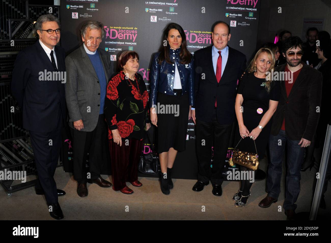 Serge Tubiana, Costa Gavras, Agnes Varda, Aurelie Filippetti, Prince Albert de Monaco, Rosalie Varda and Mathieu Demy attending the 'Le Monde Enchante de Jacques Demy' exhibition opening at the french Cinematheque in Paris, France on April 08, 2013. Photo by Aurore Marechal/ABACAPRESS.COM Stock Photo