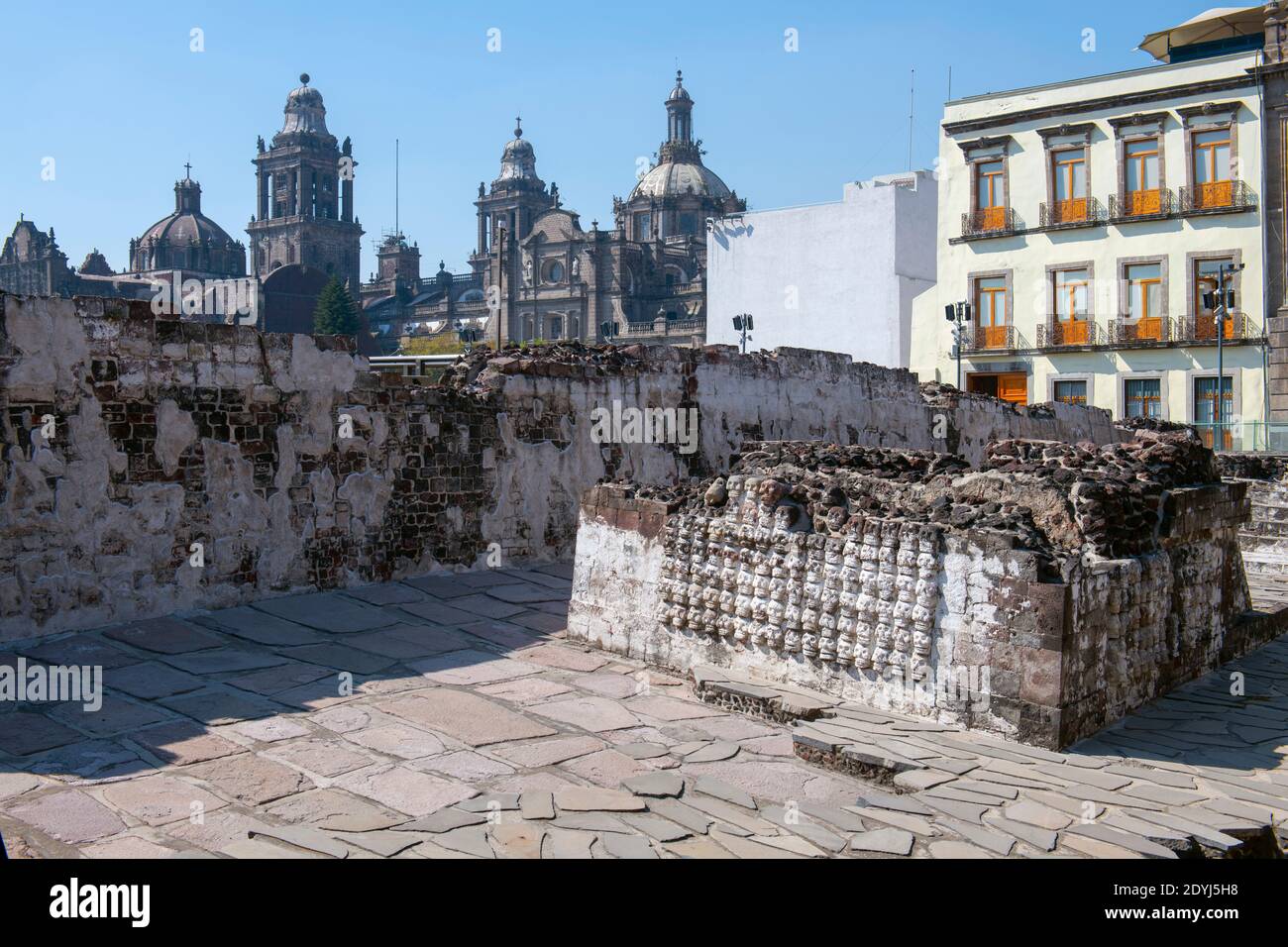 Aztec ruin Templo Mayor Great Temple and Metropolitan Cathedral at