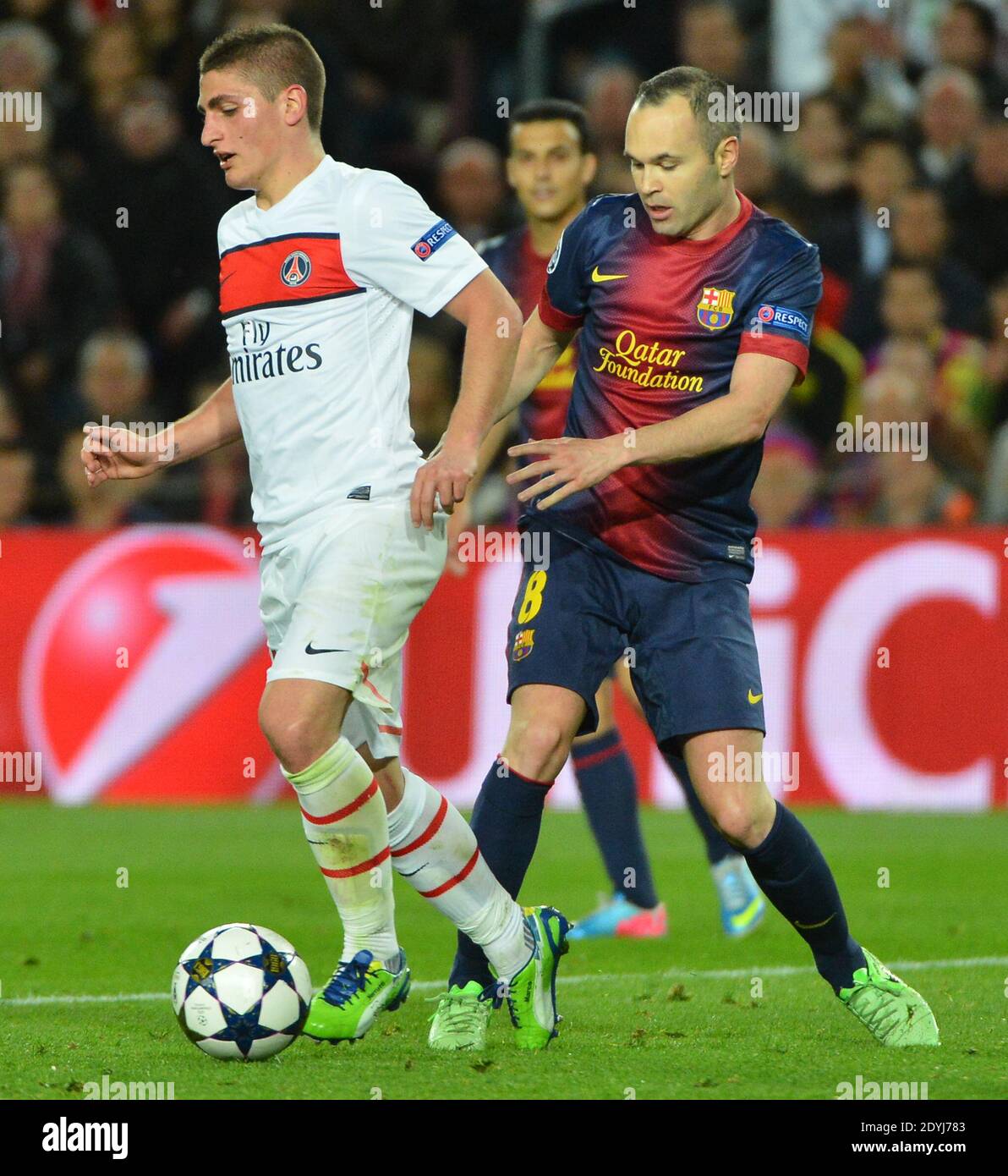 Psg S Marco Verratti And Barcelona S Andres Inesta During The Uefa Champions League Quarter Final Second Leg Soccer Match Fc Barcelona Vs Paris Saint Germain At Camp Nou Stadium In Barcelona Spain On April 10