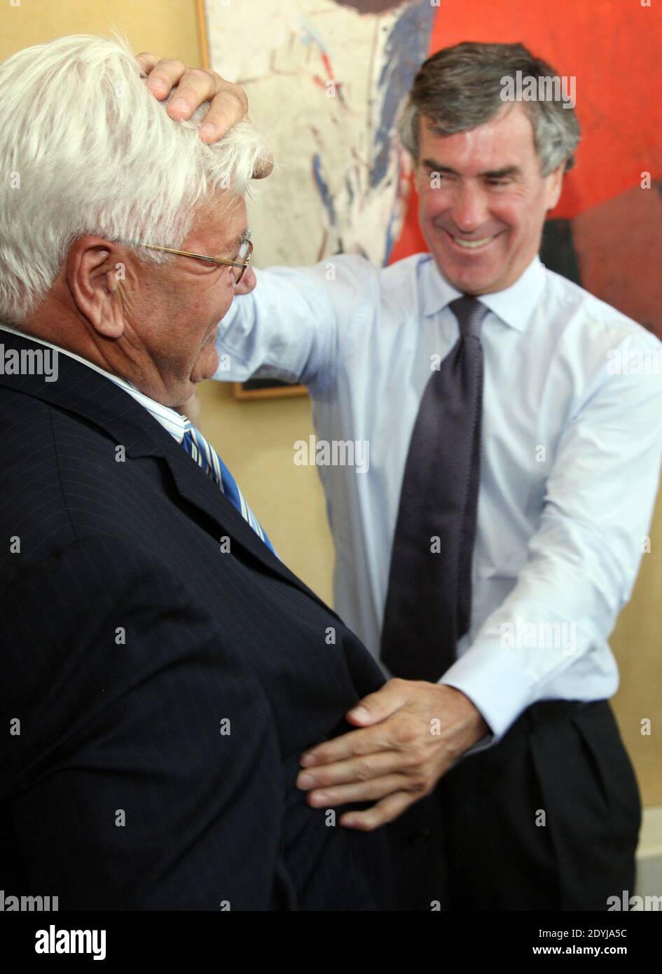 J.Cahuzac dans son bureau de maire de Villeneuve sur lot, avec Jean-Claude  Gouget, le 17 juin 2012, il apprend sa large victoire aux législatives avec  plus de 60% des voix. Photo by