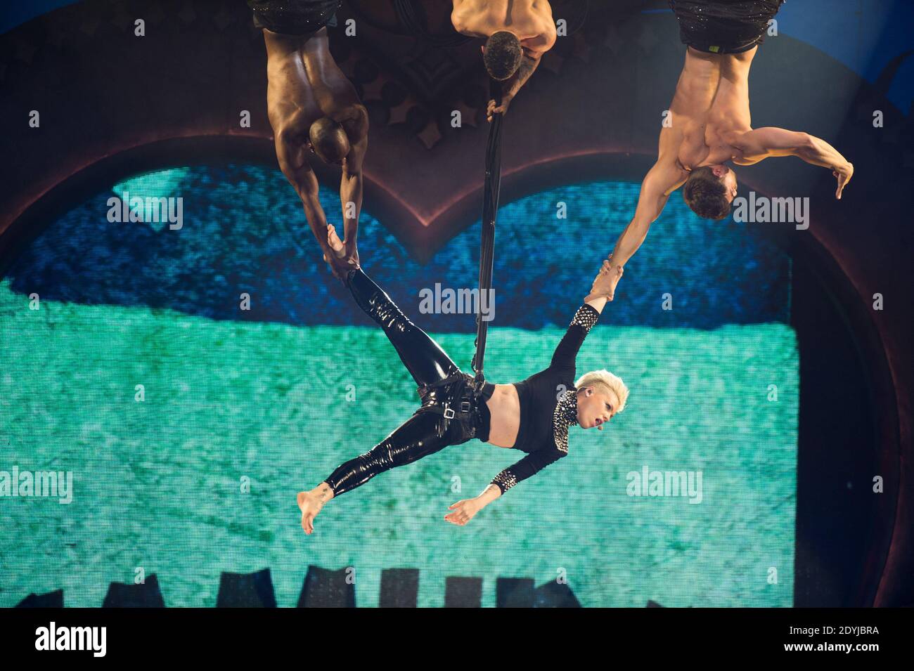 Pink performs live on stage with her band at Paris Bercy concert hall ...
