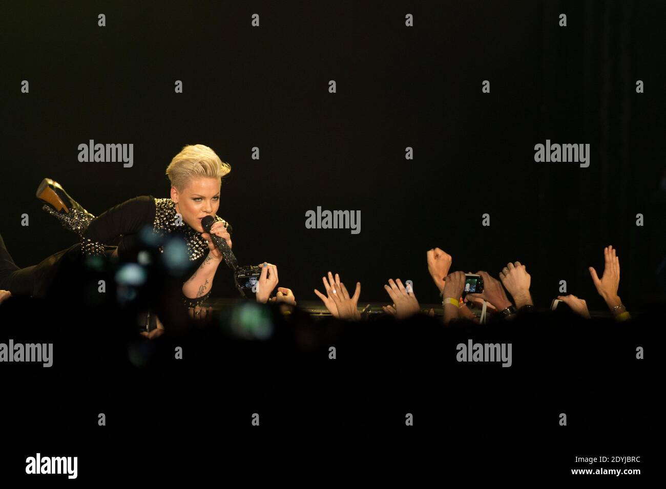 Pink performs live on stage with her band at Paris Bercy concert hall ...