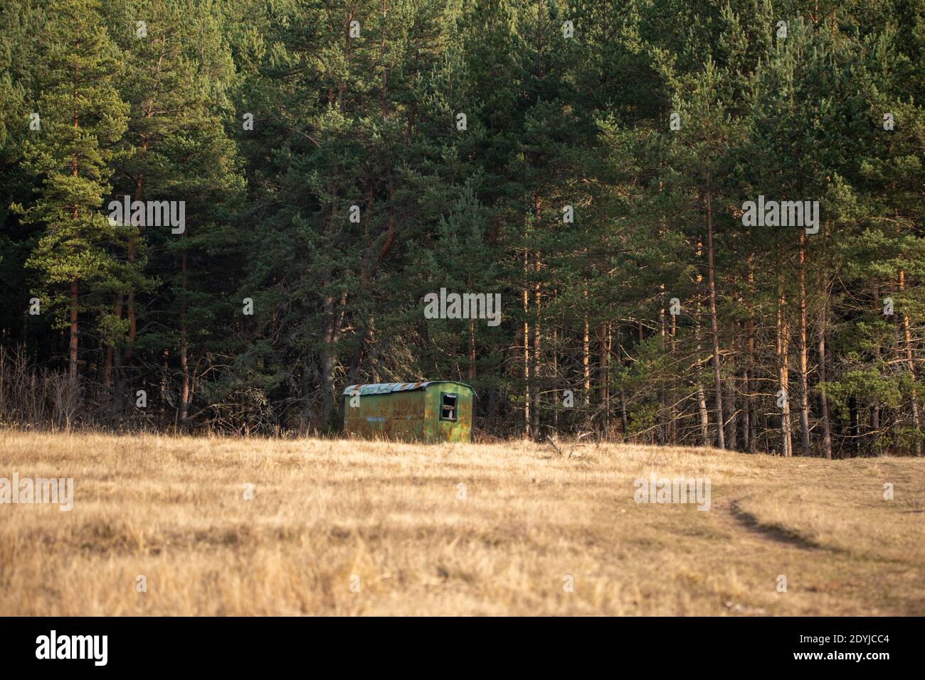 Long Ago Abandoned Trailer Forgotten In The Woods High Contrast Autumn Landscape With Copy Space For Text Advert Stock Photo Alamy