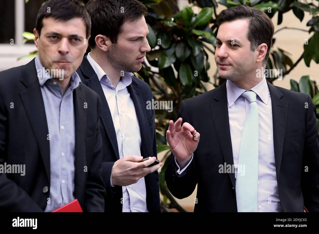 Communication advisors, Renaud Czarnes,Thibaud Brouard and Nicolas Namias are pictured during a meeting focused on the national Pact for growth, competitiveness and employment at the hotel Matignon, in Paris, France on April 18, 2013. Photo by Stephane Lemouton/ABACAPRESS.COM Stock Photo