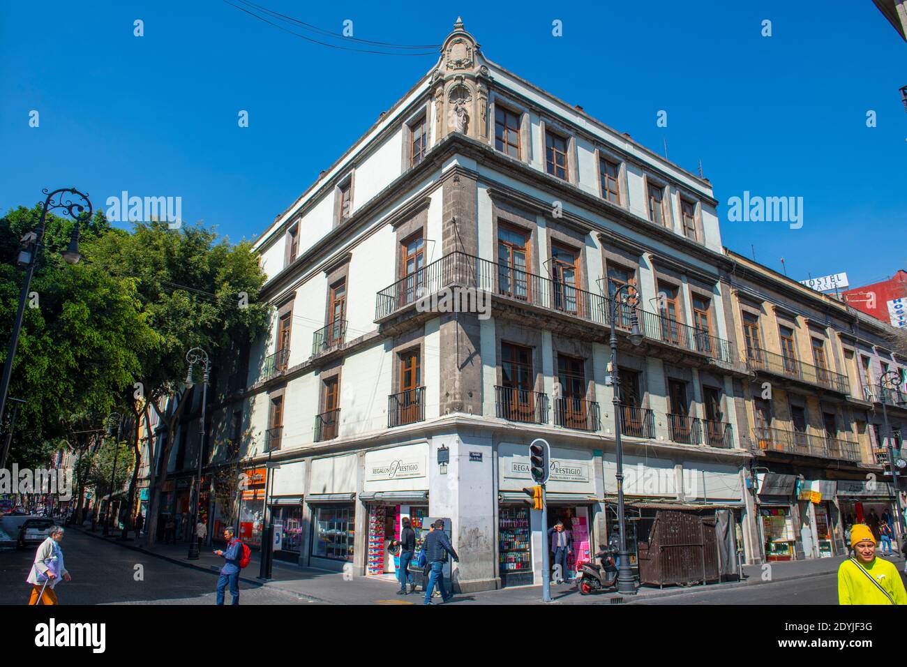 Historic buildings on Calle de Tacuba Street and Republica de Brasil Street next to Zocalo Constitution Square, Mexico City CDMX, Mexico. Stock Photo