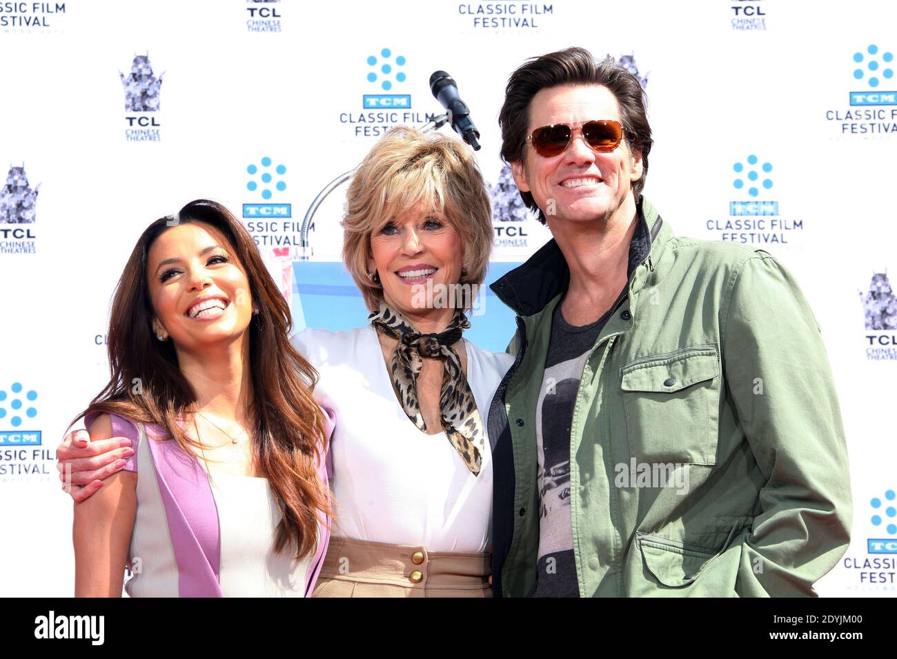 Eva Longoria, Jane Fonda and Jim Carrey pose at the TCM Classic Film Festival handprint and footprint ceremony honoring actress Jane Fonda at the TCL Grauman's Chinese Theater in Hollywood, Los Angeles, CA, USA on April 27, 2013. Photo by Krista Kennell/ABACAPRESS.COM Stock Photo