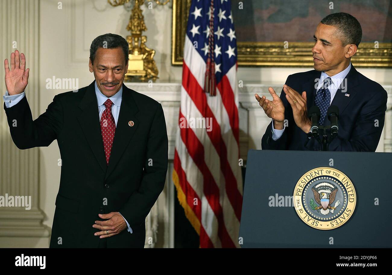 U.S. President Barack Obama congratulates U.S. Rep. Mel Watt (D-NC) (L) after nominating him to be the next director of the Federal Housing Finance Agency during a personnel announcement at the White House in Washington, DC on May 1, 2013. Watt would be the first permanent director in nearly four years replacing Edward J. DeMarco for the housing regulator that oversees several mortage campanies. Photo by Mark Wilson/ABACAPRESS.COM Stock Photo