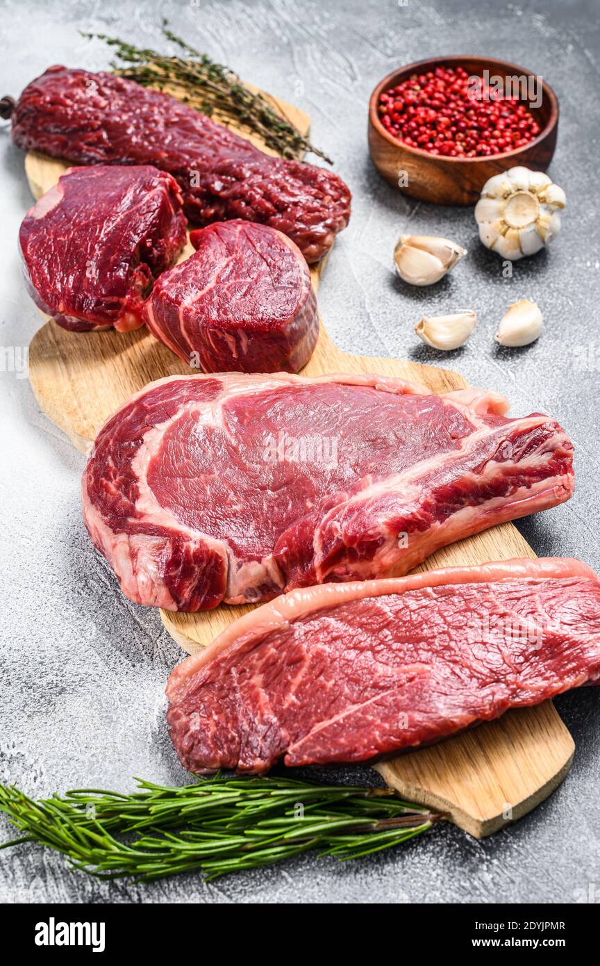 Assortment of raw beef steaks Tenderloin fillet mignon, ribeye