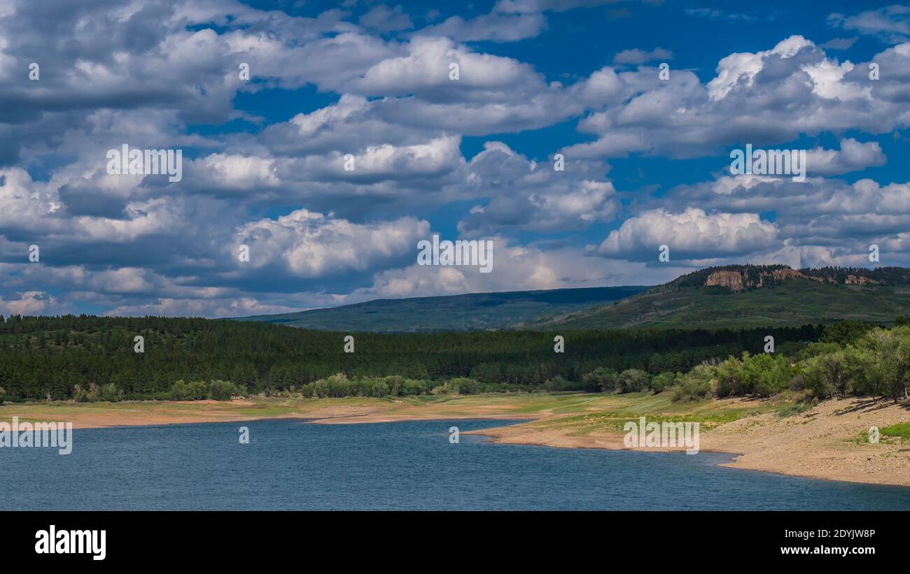 Clouds, Jackson Gulch Reservoir, Mancos State Park, Mancos, Colorado. Stock Photo