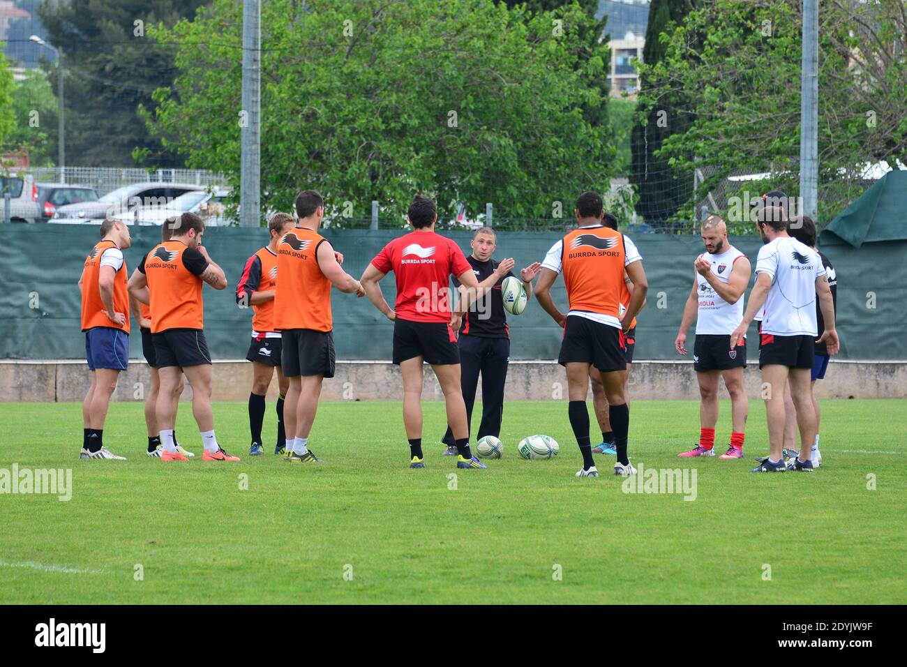 RCT's Pierre Mignoni and players during a rugby training session at Berg Stadium in Toulon, France on May 7, 2013 before the HCup Final against ASM Clermont on May 18 in Dublin. Photo by Felix Golesi/ABACAPRESS.COM Stock Photo