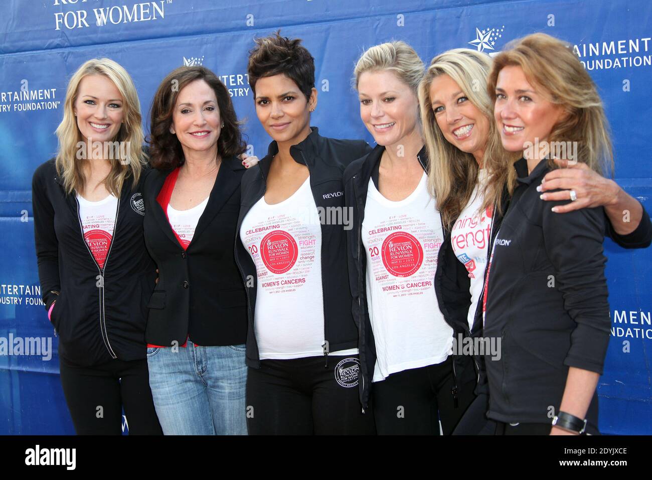 (L-R) Host Brooke Anderson, Lilly Tartikoff, Revlon Brand Ambassador Halle Berry, host Julie Bowen, fitness instructor Denise Austin and Global Chief Marketing Officer arrive at the '20th Annual EIF Revlon Run/Walk For Women' held at the Los Angeles Memorial Coliseum in Los Angeles, CA, USA, on May 11, 2013. Photo by Krista Kennell/ABACAPRESS.COM Stock Photo
