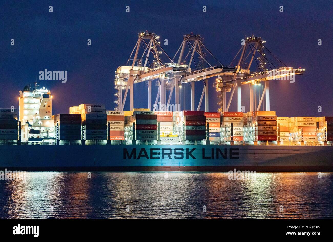 Maersk ship docked at Port of Felixstowe, Suffolk, UK Stock Photo