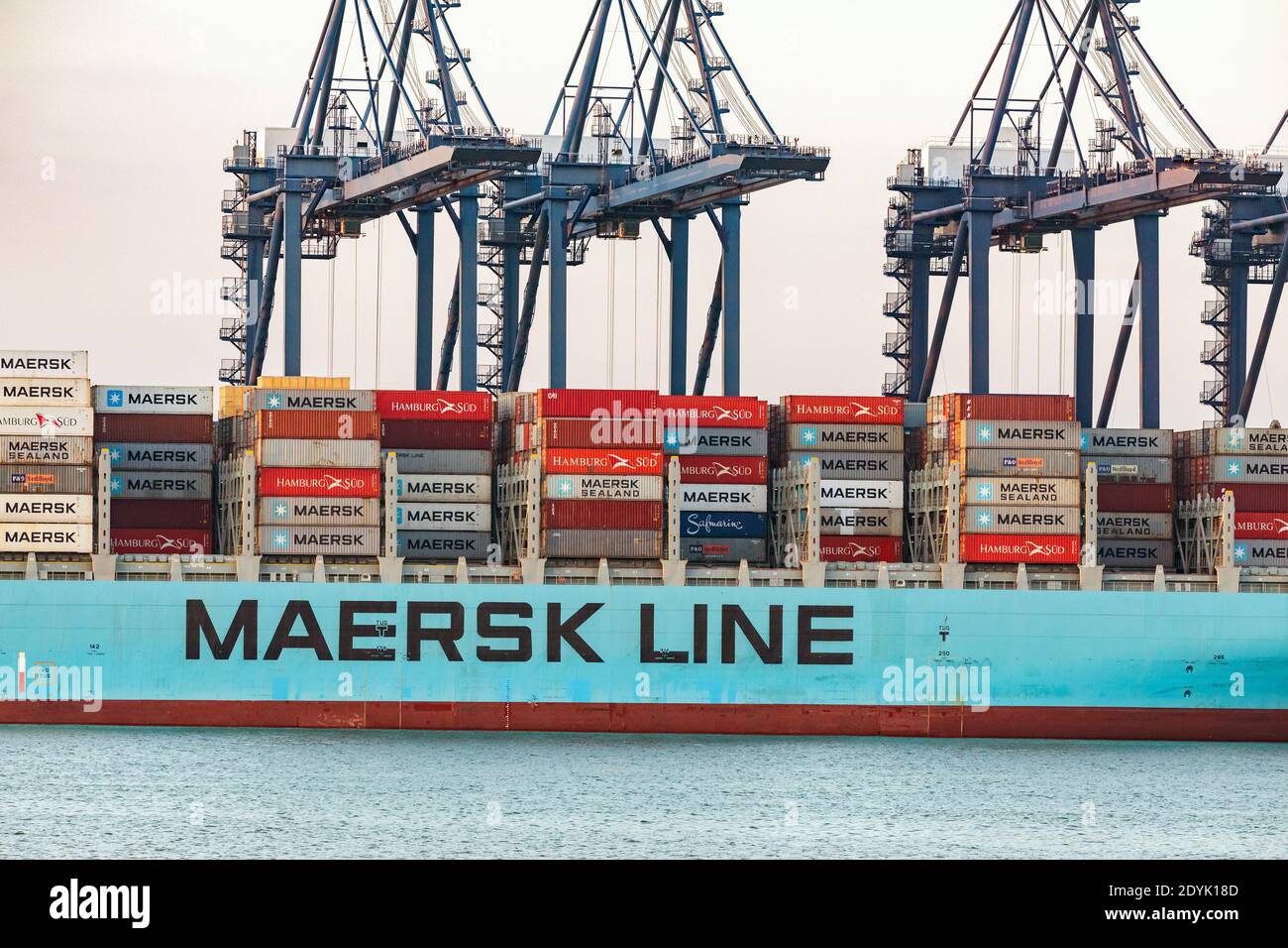 Maersk ship docked at Port of Felixstowe, Suffolk, UK Stock Photo