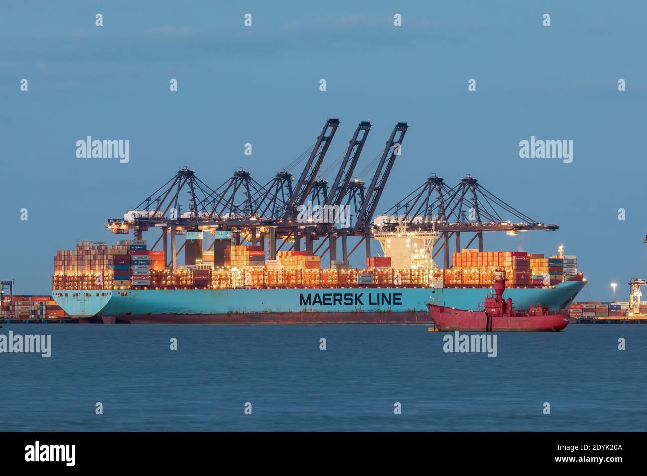 Maersk ship docked at Port of Felixstowe, Suffolk, UK Stock Photo