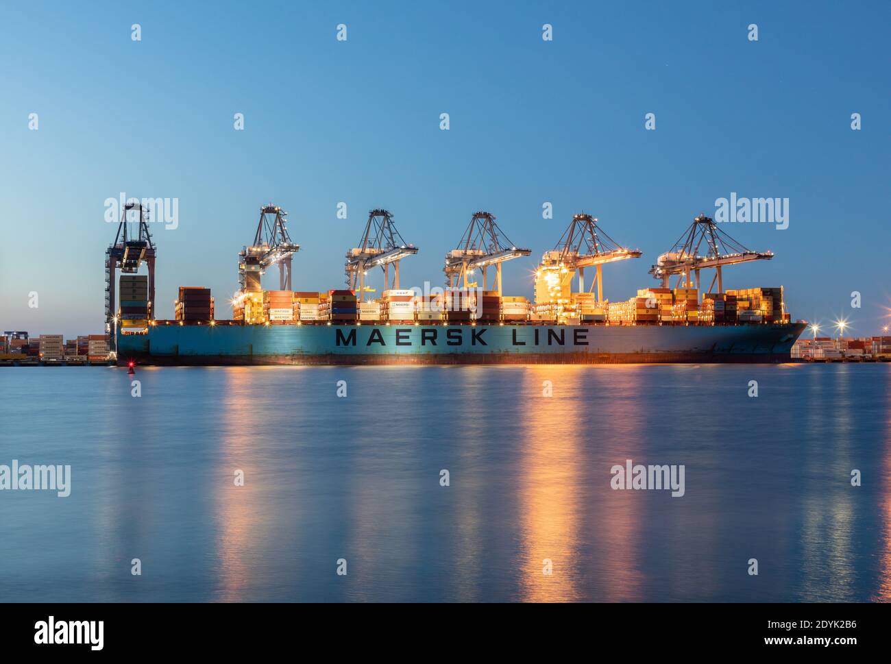 Maersk ship docked at Port of Felixstowe, Suffolk, UK Stock Photo