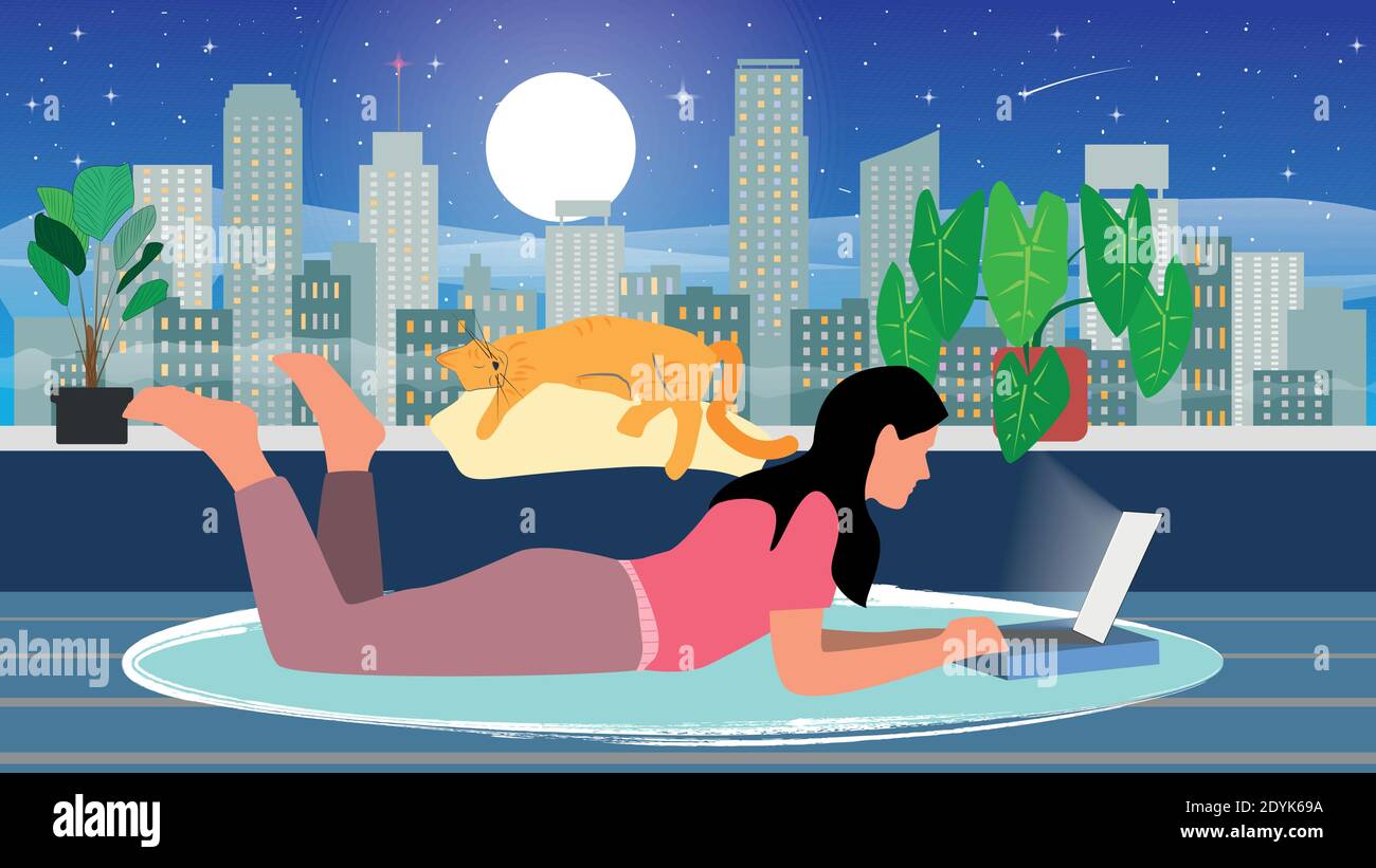 Cozy night stay at home freelancer woman working on laptop editable vector illustration Stock Vector