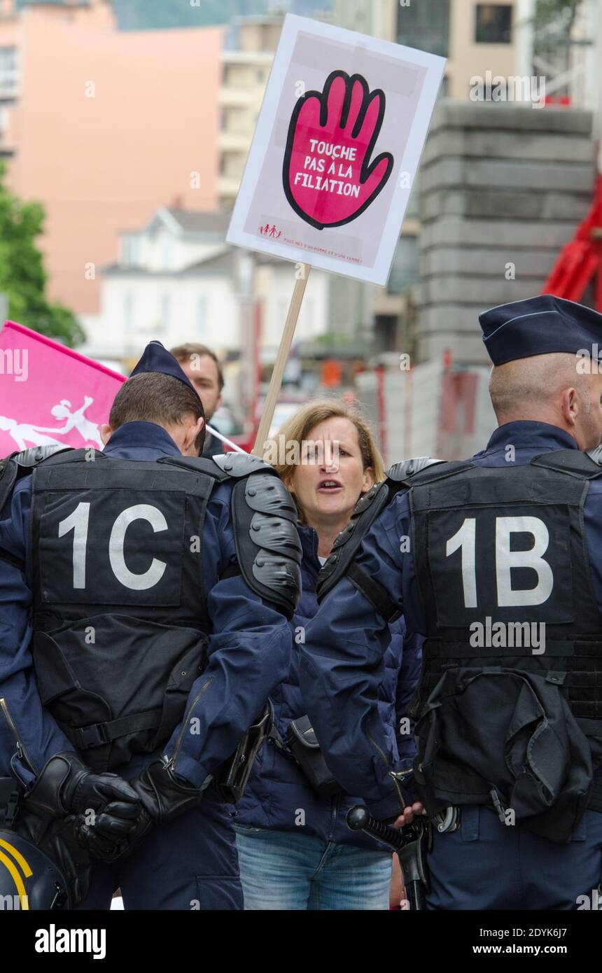 Gay-marriage opponents protest during a visit of Interior Minister Manuel Valls in Annemasse, France on May 17, 2013. Photo by Gilles Bertrand/ABACAPRESS.COM Stock Photo