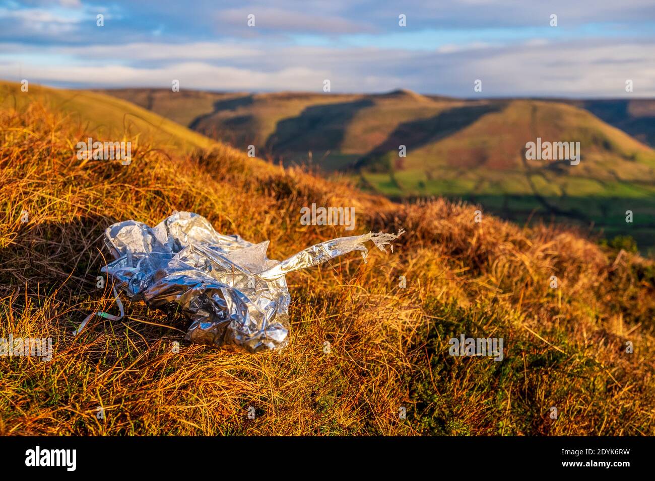 deflated party balloon littering the countryside near Kinder Scout in the Peak District Stock Photo