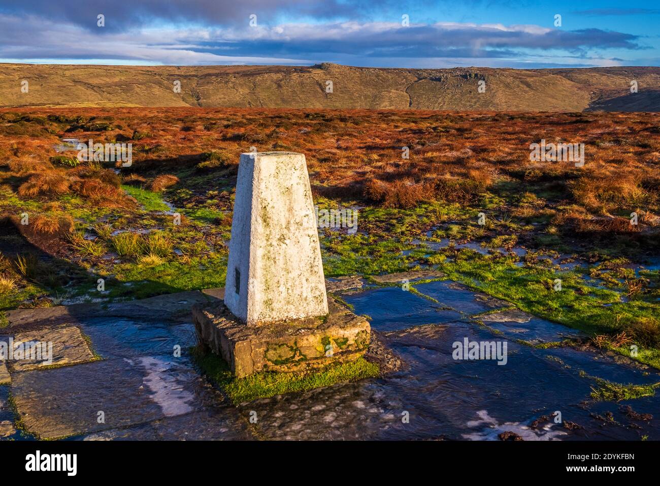 Trig Point on Brown Knoll on The upland moors of the Peak District around Kinder Scout Stock Photo