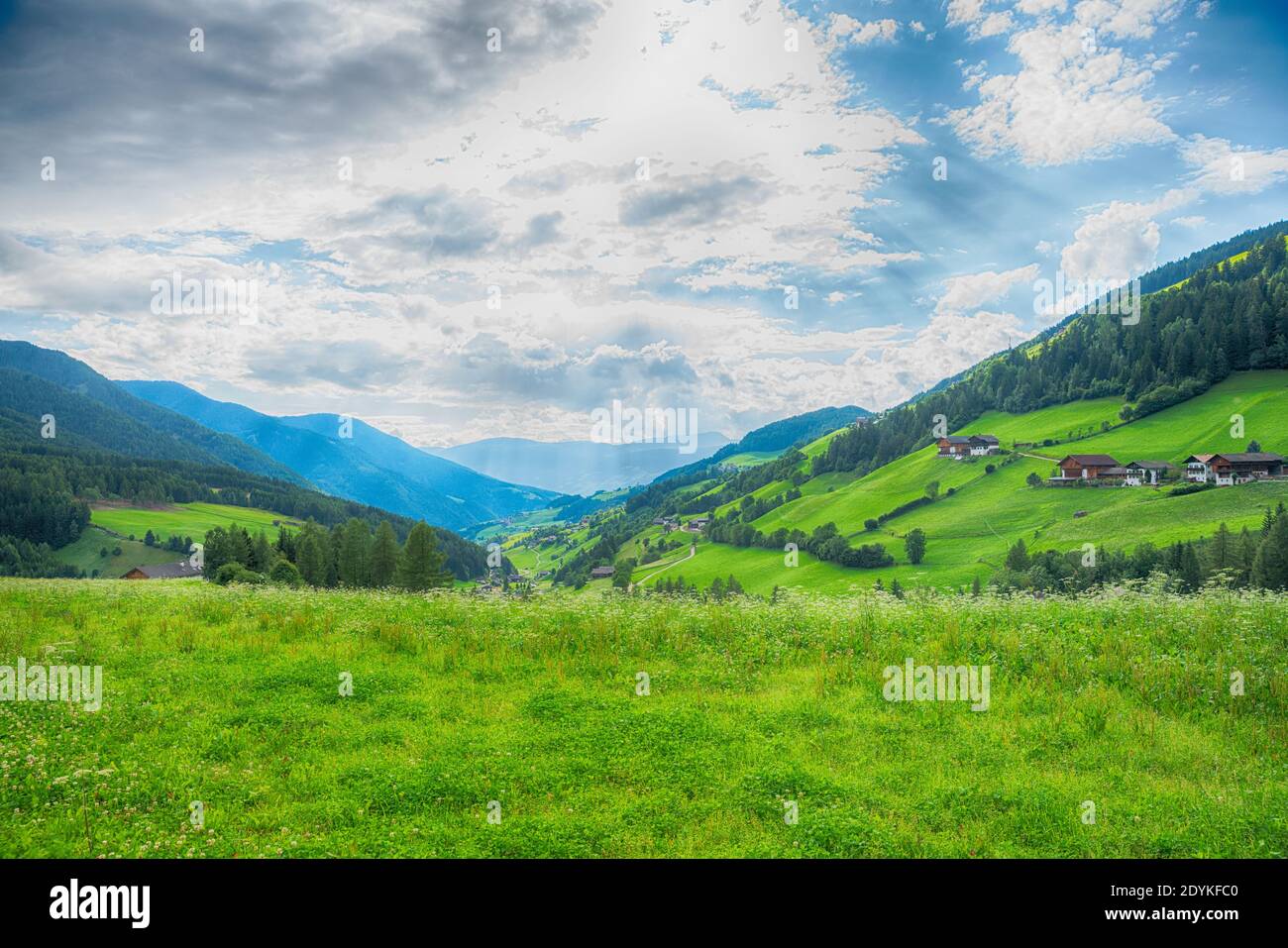 View Down Val Di Funes, Funes Valley Stock Photo