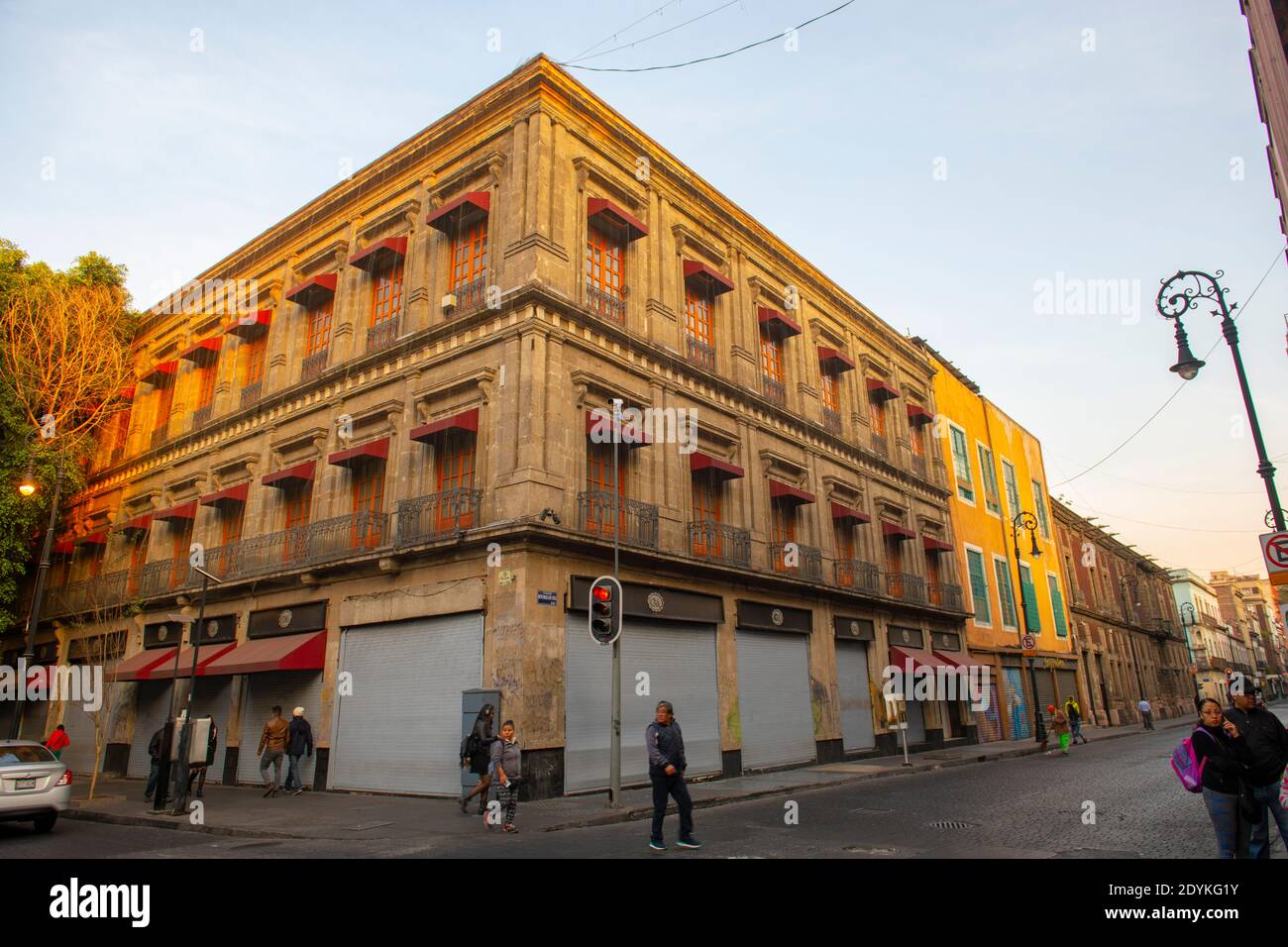 Historic buildings on Calle de Tacuba Street and Republica de Chile Street near to Zocalo Constitution Square, Mexico City CDMX, Mexico. Stock Photo