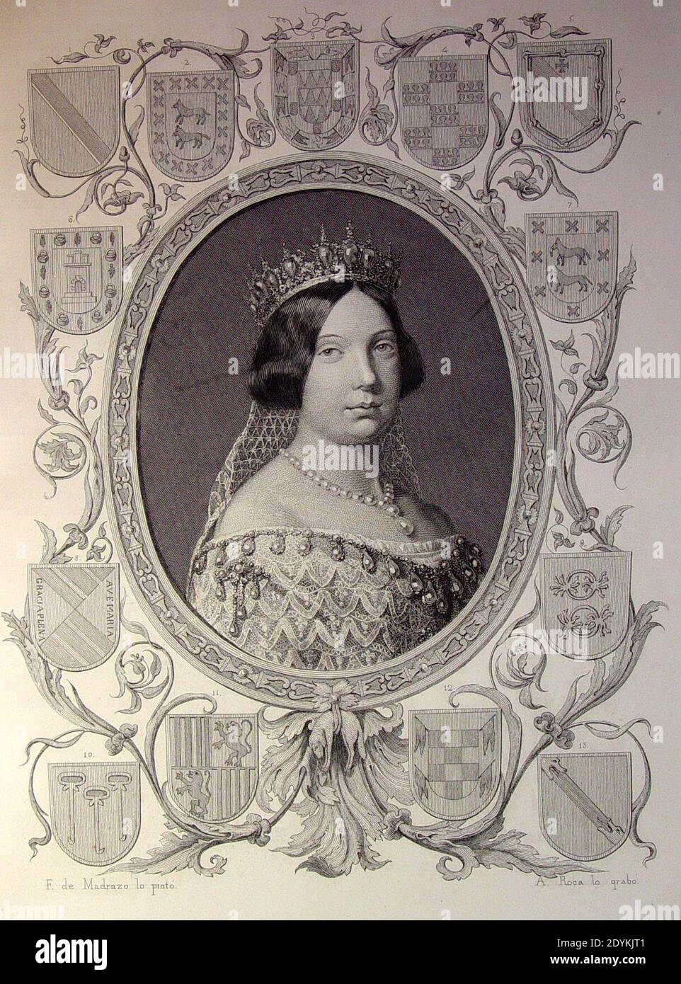 Las Glorias Nacionales, 1852 ‘Ysabel II Reina de España, rodeada de los escudos de la primera nobleza, segun las descendencias de Sandoval‘. (4013967480). Stock Photo