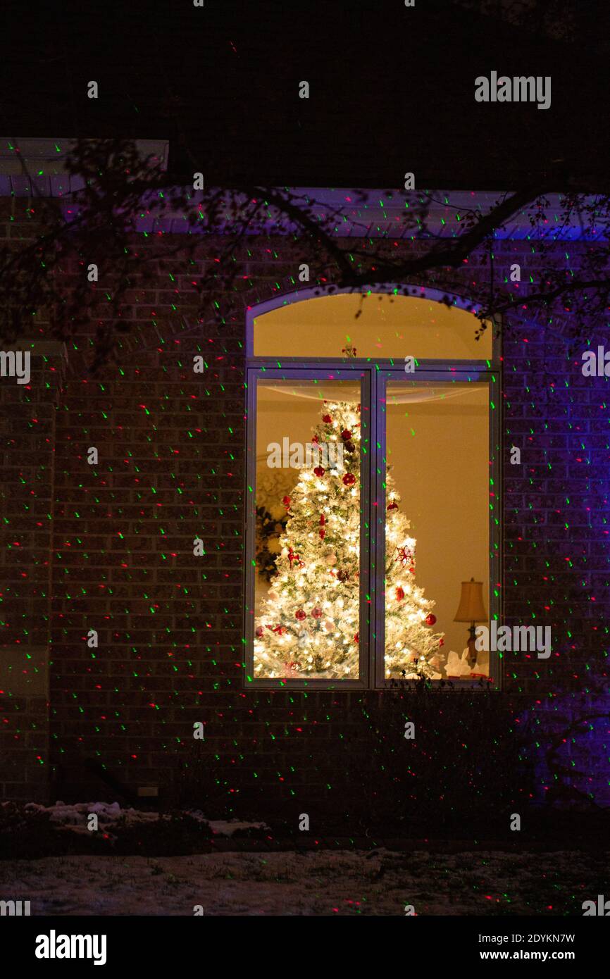 Christmas tree and decorations in a house in Green Bay, Wisconsin, USA on December 19, 2020