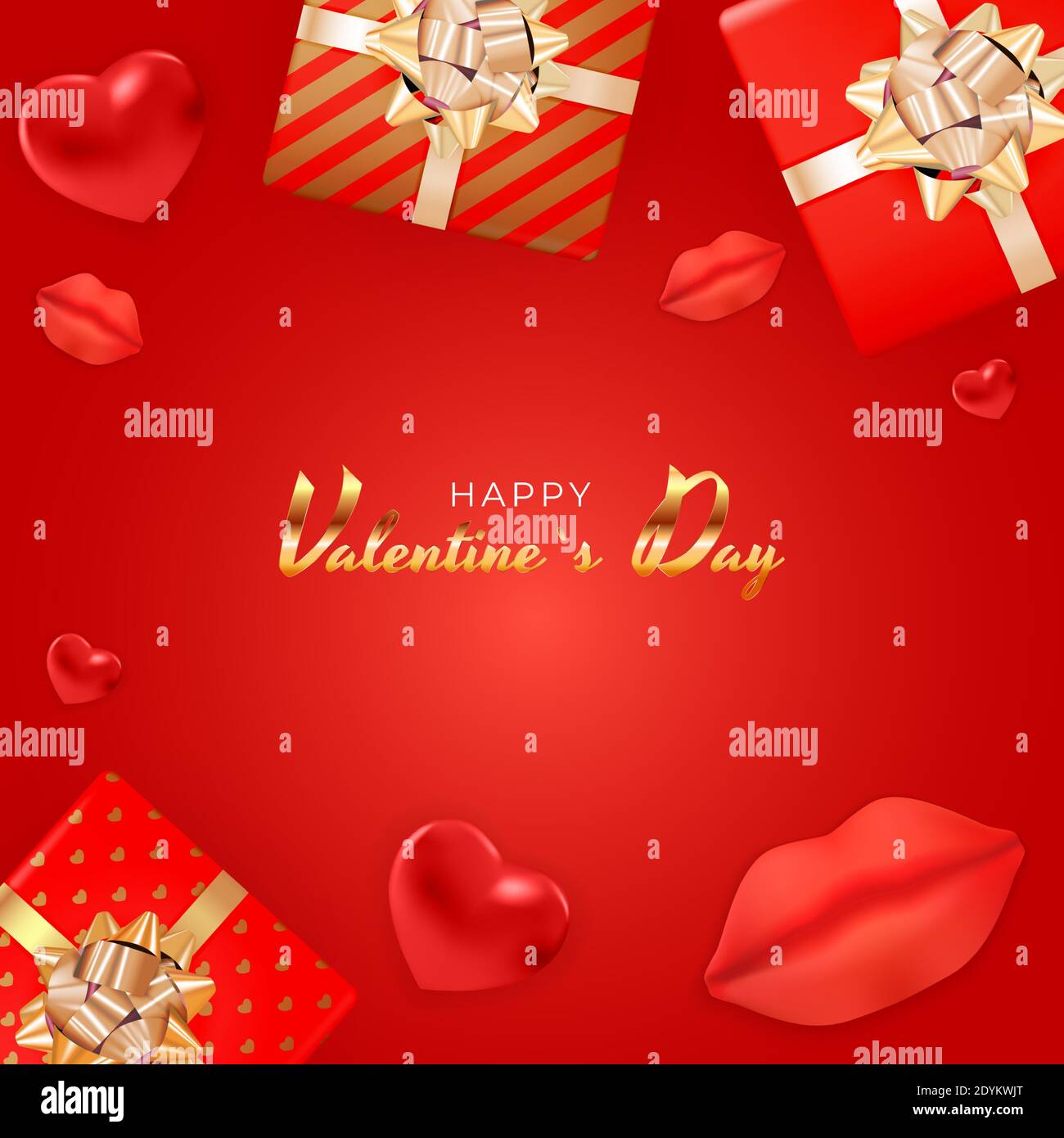 Valentine's Day Background Design with Realistic Lips and Hearts, Gift ...