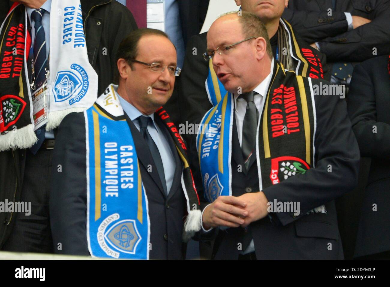 Prince Albert de Monaco and Francois Hollande during the Top 14 Final Rugby  match Castres vs Toulon at the Stade de France in Saint-Denis, France on  June 1st, 2013. Castres won 19-14.