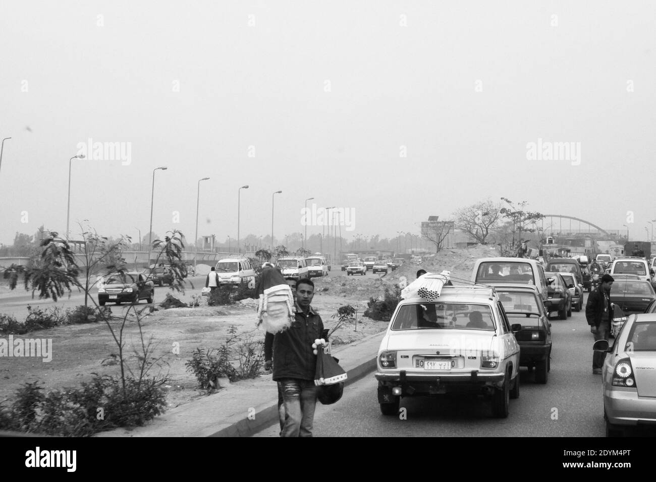 Near Cairo Egypt : the road with men selling for christmas hats Stock Photo