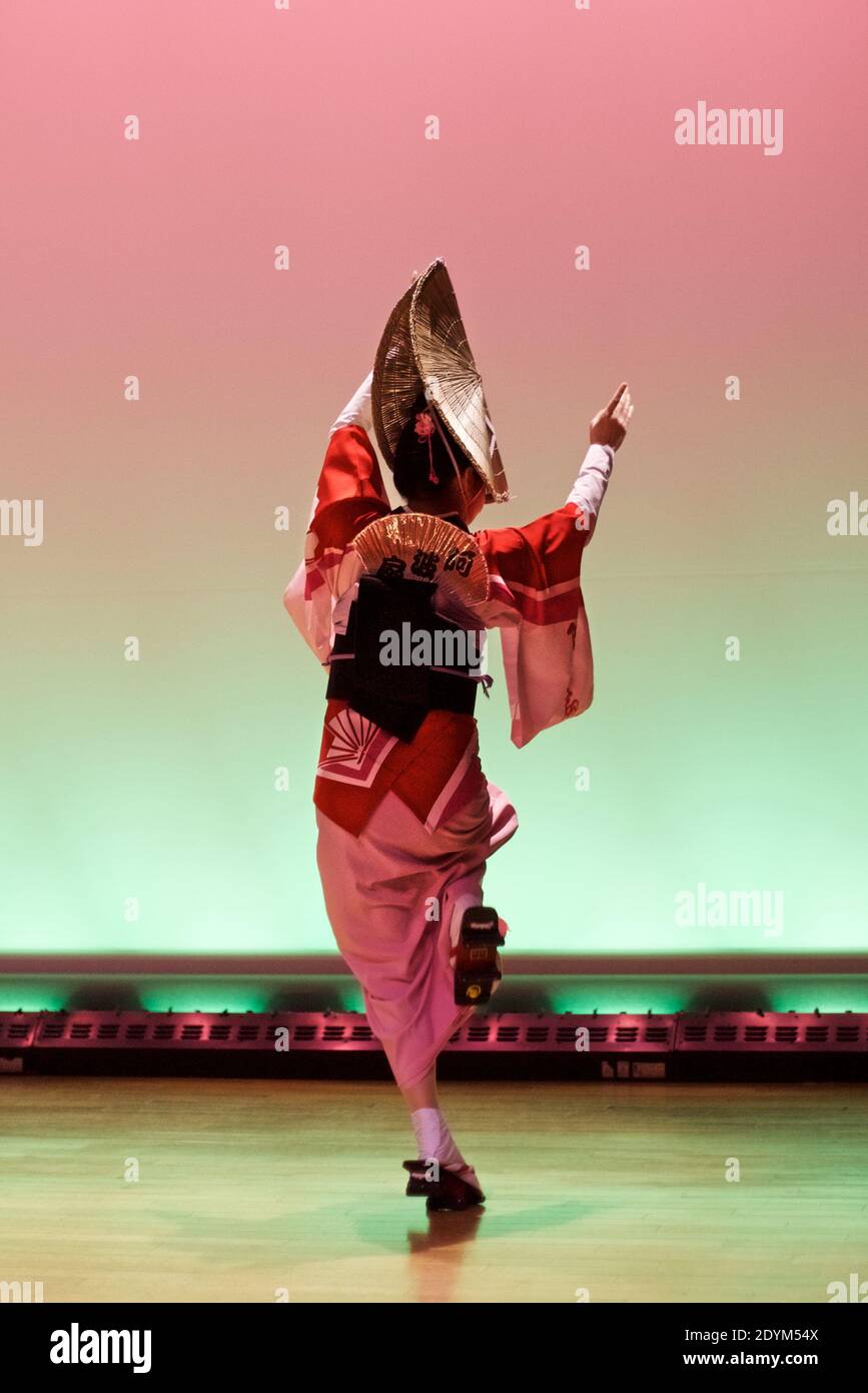 Shikoku, Japan - April 2012: Performer dancing Awa-Odori and wearing Obon dance costume at the Awa Odori Kaikan school, Tokushima, Shikoku, Japan Stock Photo