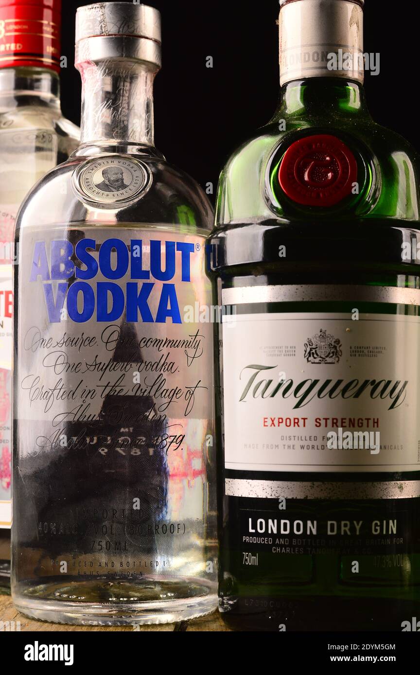 Whiskey, vodka and liquor, a mix of alcoholic beverages on the table