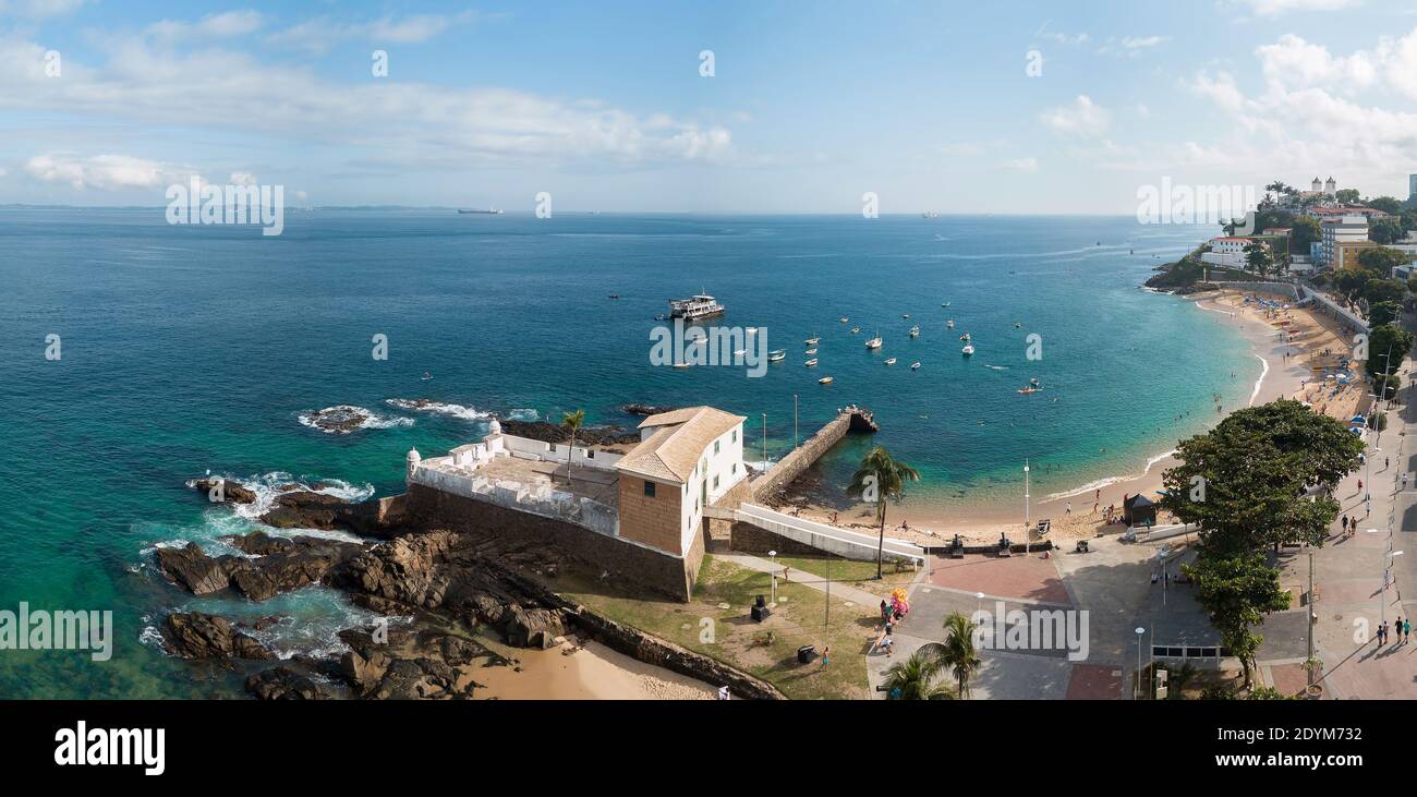Drone aerial view of Porto da Barra beach in Savaldor Bahia Brazil Stock Photo