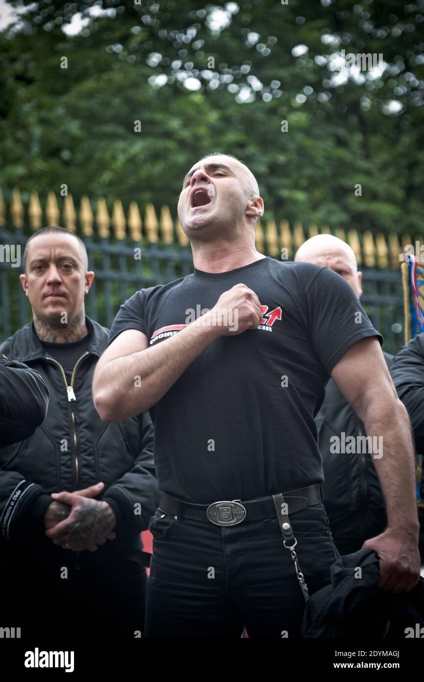 File photo of far-right Jeunesses Nationalistes Revolutionnaires (JNR) head Serge Ayoub taking part in a rally to honor Joan of Arc in Paris, France, May 8, 2012. Ayoub denied any involvement in Clement Meric’s death, a left-wing activist who died after an attack blamed on skinheads in central Paris on June 5, 2013. Photo by Nicolas Messyasz/ABACAPRESS.COM Stock Photo