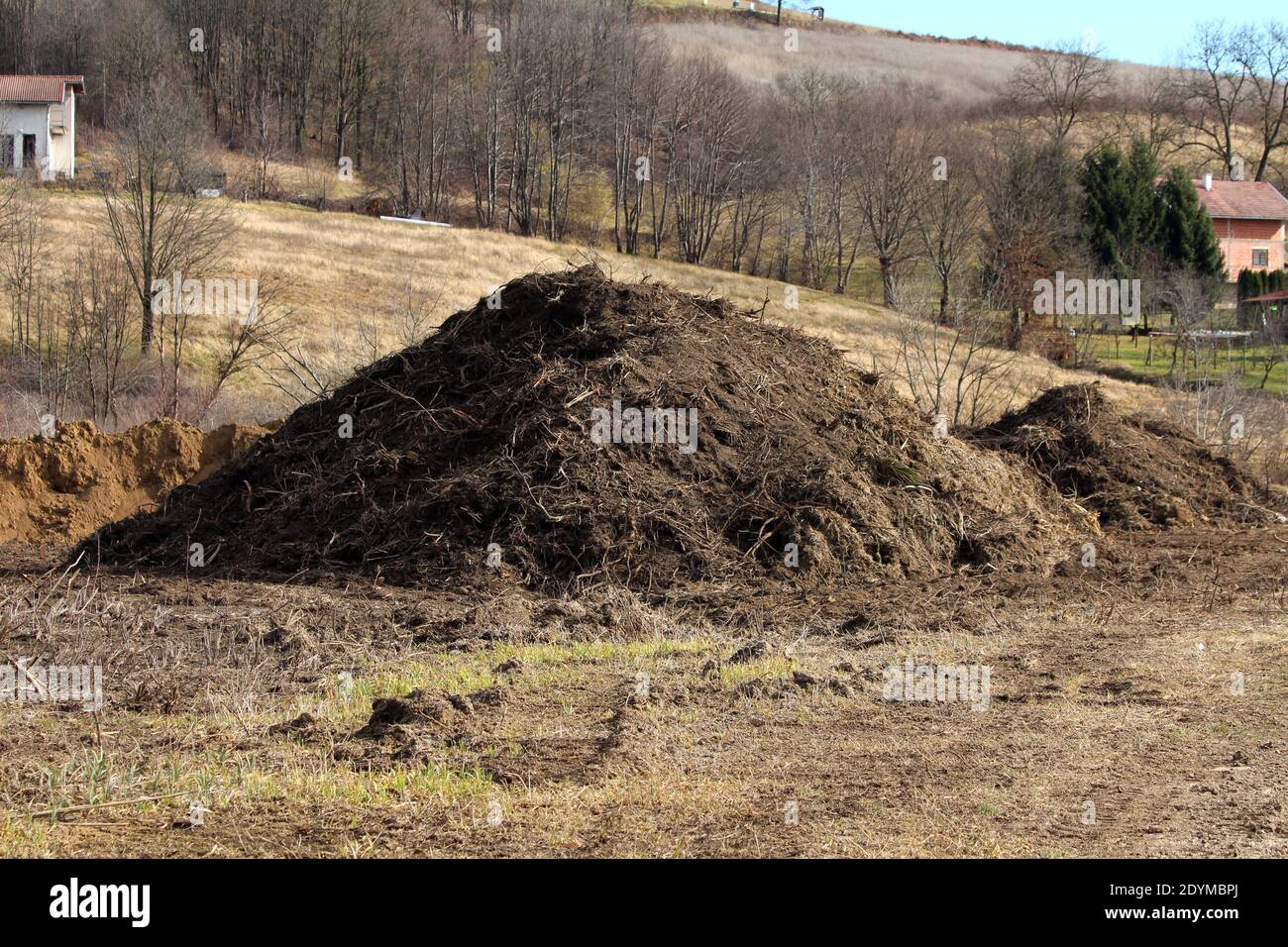 Two large compost piles made from dry soil mixed with tree roots and