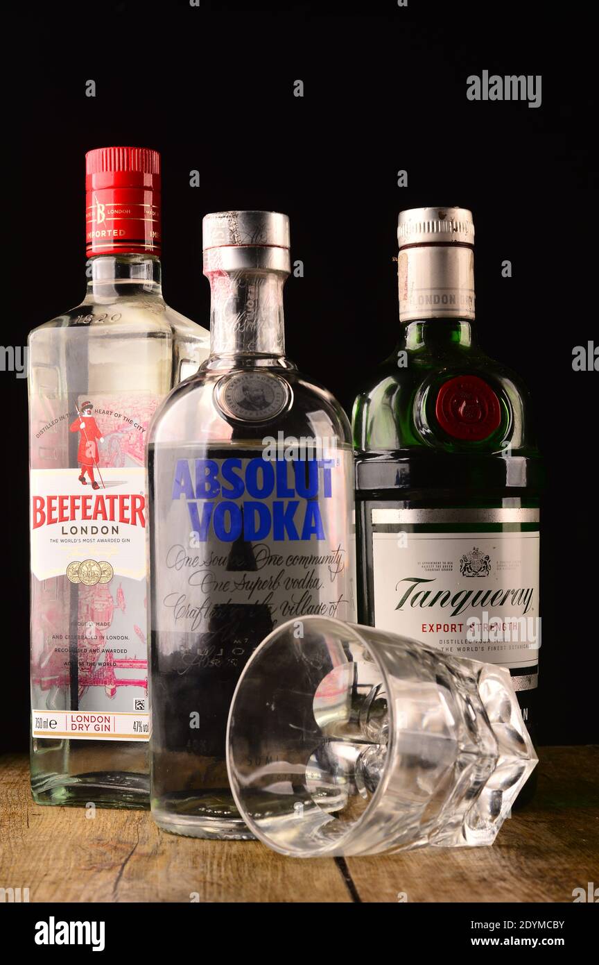 Whiskey, vodka and liquor, a mix of alcoholic beverages on the table