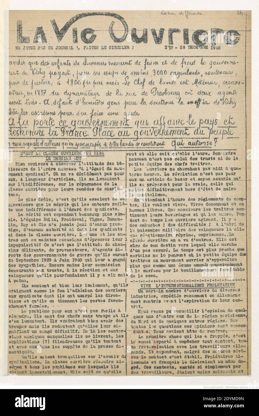 La Vie Ouvrière n° 17 28 décembre 1940 01 Stock Photo Alamy