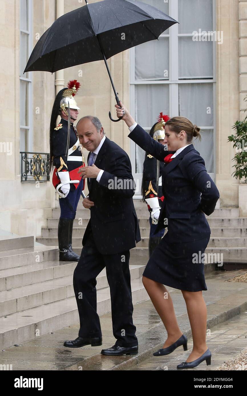 French Foreign Minister Laurent Fabius arrives at the Elysee Palace prior to their meeting with French President Francois Hollande and Dubai ruler Sheikh Mohammed bin Rashid al-Maktoum, in Paris, France on June 13, 2013. Photo by Stephane Lemouton/ABACAPRESS.COM Stock Photo