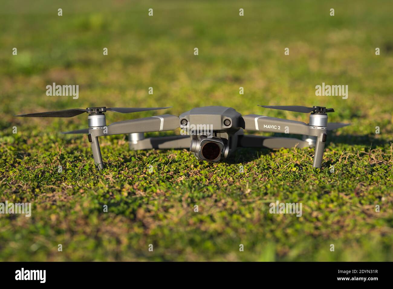 DJI Mavic 2 Pro drone on the grass. 26.12.2020, Lisbon, Portugal Stock Photo