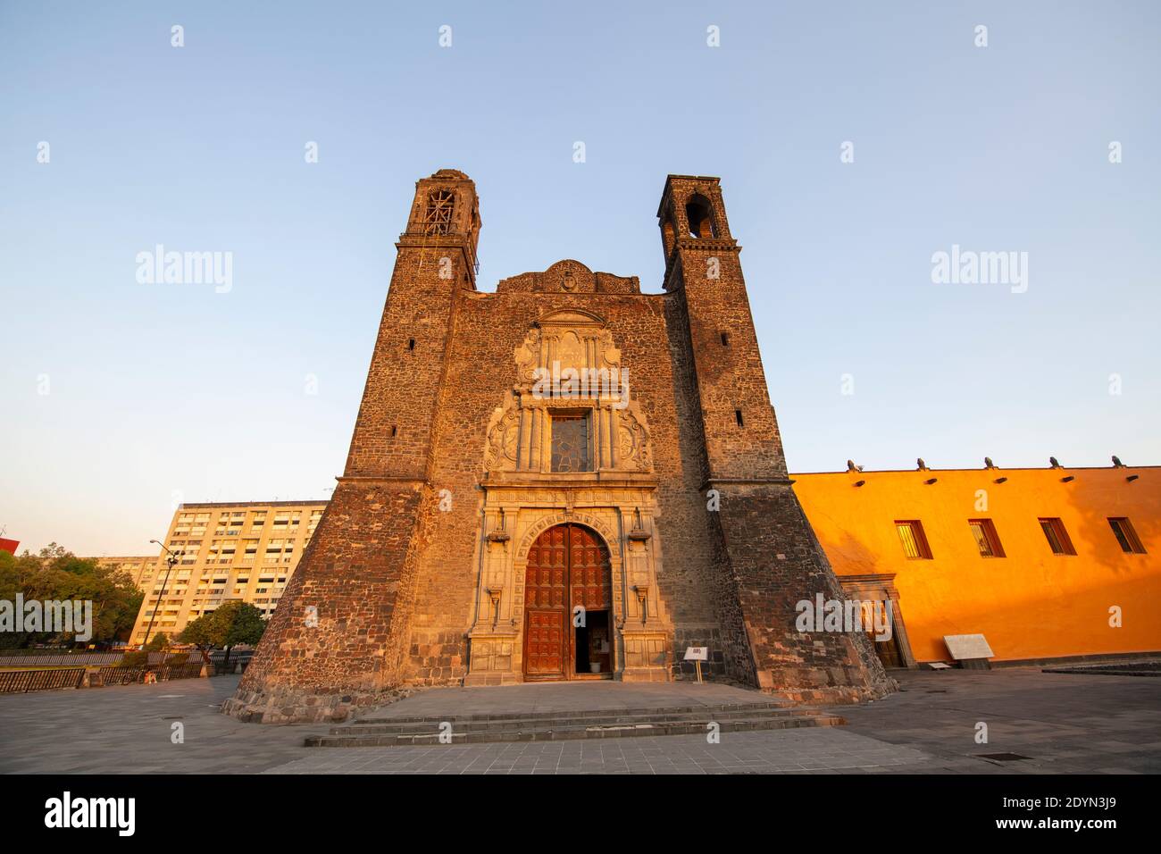 Templo de Santiago and Tlatelolco ruin in Square of the Three Cultures Plaza de las Tres Culturas in Mexico City CDMX, Mexico. Stock Photo