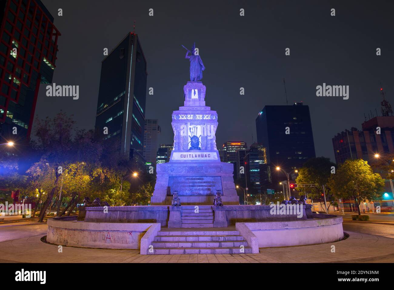 Cuauhtemoc Statue at night on Avenida Paseo de la Reforma Avenue in Mexico City CDMX, Mexico. Stock Photo