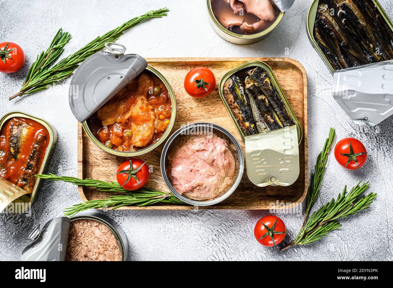 Seafood snacks canned sardines, mussels, octopus, salmon and tuna