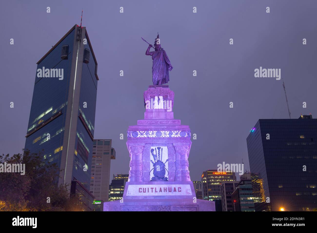 Cuauhtemoc Statue at night on Avenida Paseo de la Reforma Avenue in Mexico City CDMX, Mexico. Stock Photo