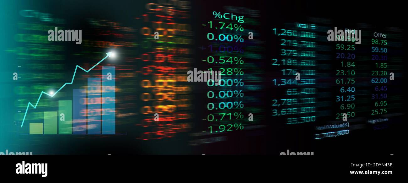 market trading stock and index number and analysis graph on glow blue red green digital technology blur light line banner business background Stock Photo