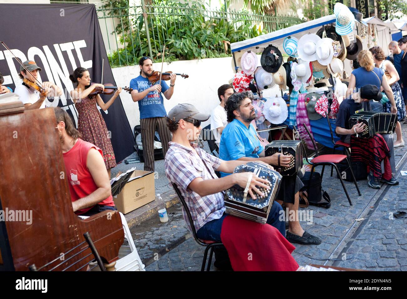 Argentina, Buenos Aires - Band playing Tango music in the San Telmo district during the Sunday Flea Market. Stock Photo